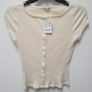 Free People Cream Ribbed Button-Front Top